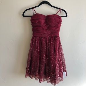 Strapless burgundy cocktail dress